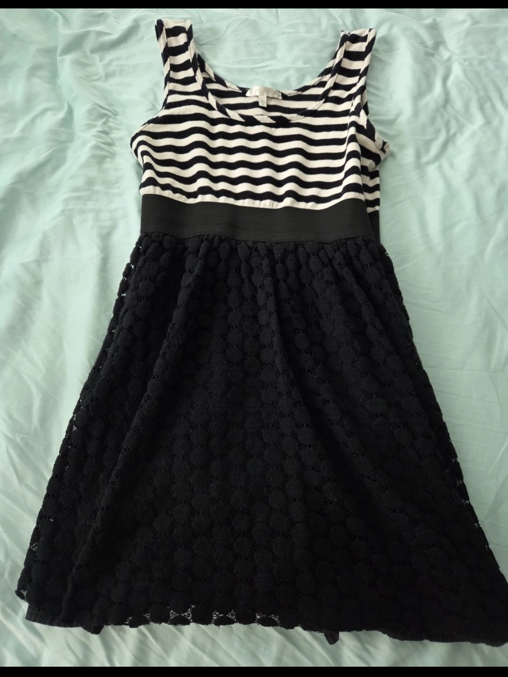 just ginger Black & White Striped Bodice with Black Lace Skirt Dress